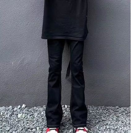 American high street long ribbon micro horn mid-waist jeans men's and women's same straight slim slimming mop long pants