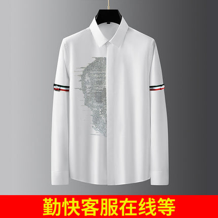 Men's Luxury Fashion Non-Iron High-End Solid Color Long-Sleeve Shirt with Rhinestone Trim Versatile Pure White Men's Shirt