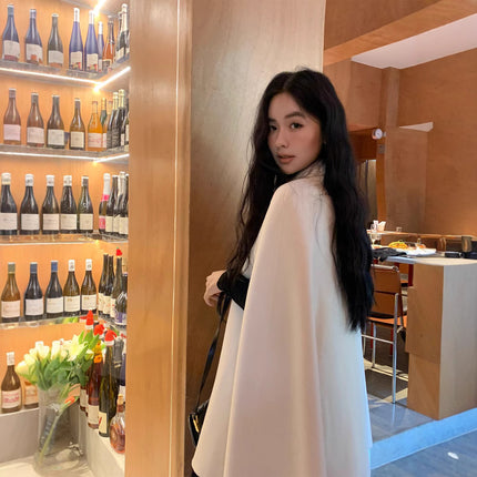 Handmade double-sided Cape coat 2024 new black wool mid-length elegant slimming coat women's clothing
