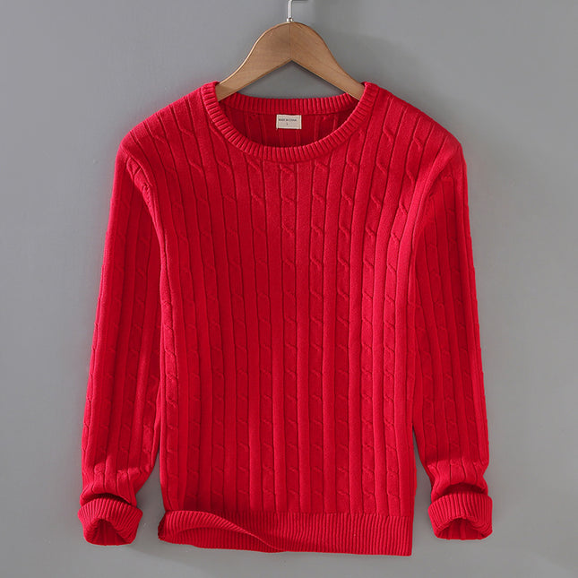Men's Autumn and Winter Thick Knit Sweater, Pure Cotton Solid Color Knit Sweater, Cable Knit, Slim Fit, Trendy Round Neck, Lazy Style