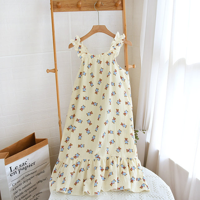 Cotton Gauze Sling Nightgown Women's Summer All Cotton Thin Cute Fresh Pajamas Loose Sweet Crepe Home Clothes