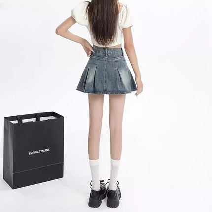 Vintage Blue Denim Pleated Short Skirt for Women Trendy Versatile Summer Petite High-Waisted Slimming Hot Girl A-Line Half Skirt