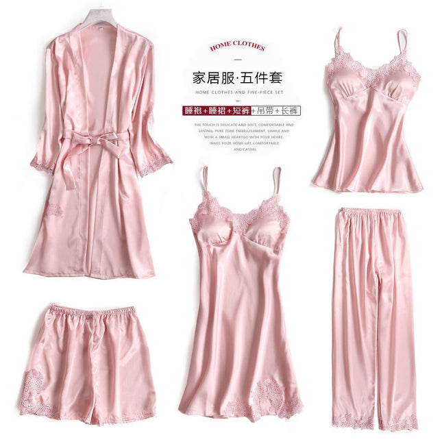 High-quality boutique with chest pad autumn and winter summer sexy simulation silk pajamas five-piece set Korean-style sling women's nightgown