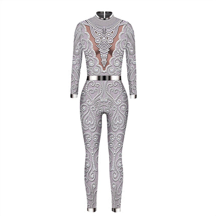 Cross-border popular skeleton ghost clothing 3D digital printing Halloween cosplay play clothing women's tight jumpsuit