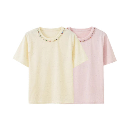 Summer New Style Solona Short-Sleeved Women's Top with Beaded Design, Fashionable and Stylish Casual Outerwear Commuting T-Shirt