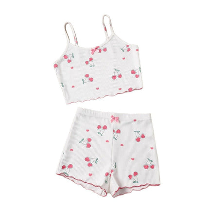 2025 Cherry Heart Print Camisole and Shorts Women's Pajama Two-Piece Set Home Wear Set with 3D Print