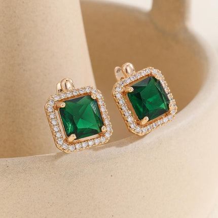 Fashionable Emerald Copper Inlaid Zircon Earrings Small Retro Accessible Luxury Geometric Square Zircon Earrings for Women
