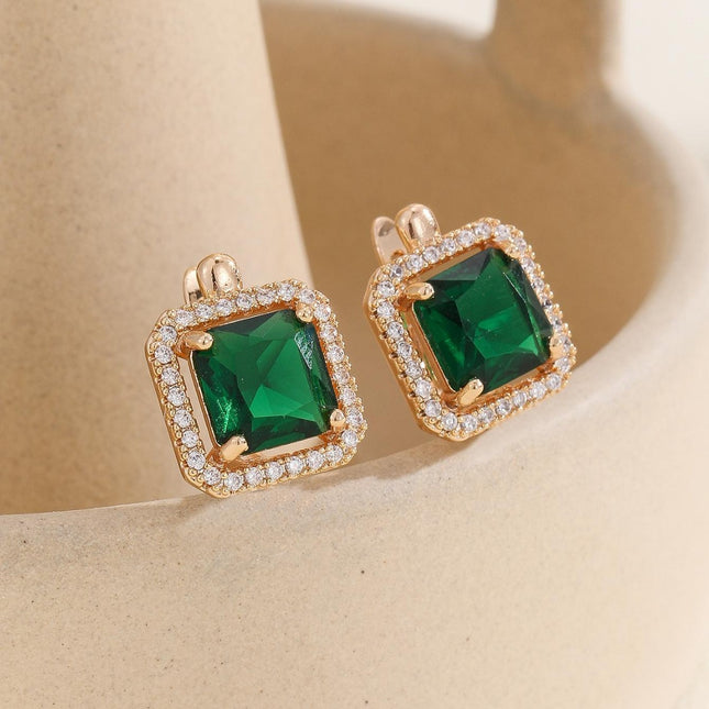 Fashionable Emerald Copper Inlaid Zircon Earrings Small Retro Accessible Luxury Geometric Square Zircon Earrings for Women