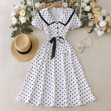 2025 Cross-Border Foreign Trade New Style Lapel Retro Polka Dot Repair Slim Retro Large Hem Dress with Belt Ready for Sale
