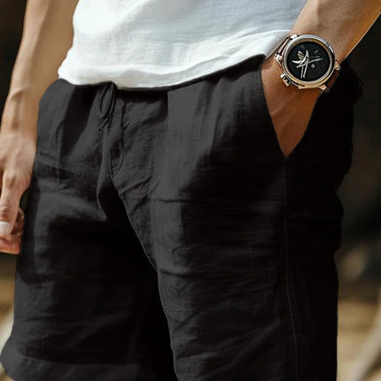 New Cross-Border Cotton and Linen Shorts with Drawstring Elastic Waist, Straight-Leg, Solid Color, Breathable, Everyday Beach Casual Mid-Length Shorts