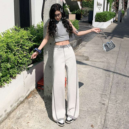 Wholesale Dropshipping Trendy Design Color-Blocking High-Waisted Wide-Leg Jeans for Women Spring and Summer Loose Slimming Floor-Length