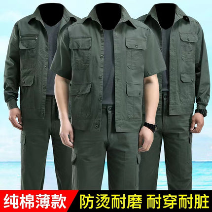 Summer Thin Work Clothes Suit for Men, Cotton-Containing Long and Short Sleeves, Breathable and Wear-Resistant Welding Work Clothes, Military Green Labor Protection Clothes