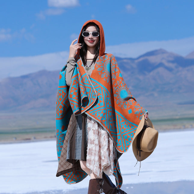 Ethnic Style Hooded Cape Shawl for Women, Fashionable and Stylish Thickened Version, Warm Outerwear for Travel and Photography Scarf
