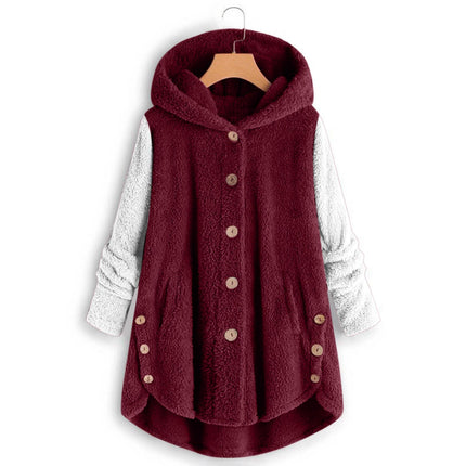 Amazon 2025 Autumn/Winter European and American Style Button-Up Hooded Cat Ear Plush Top Irregular Trendy Patchwork Jacket for Women