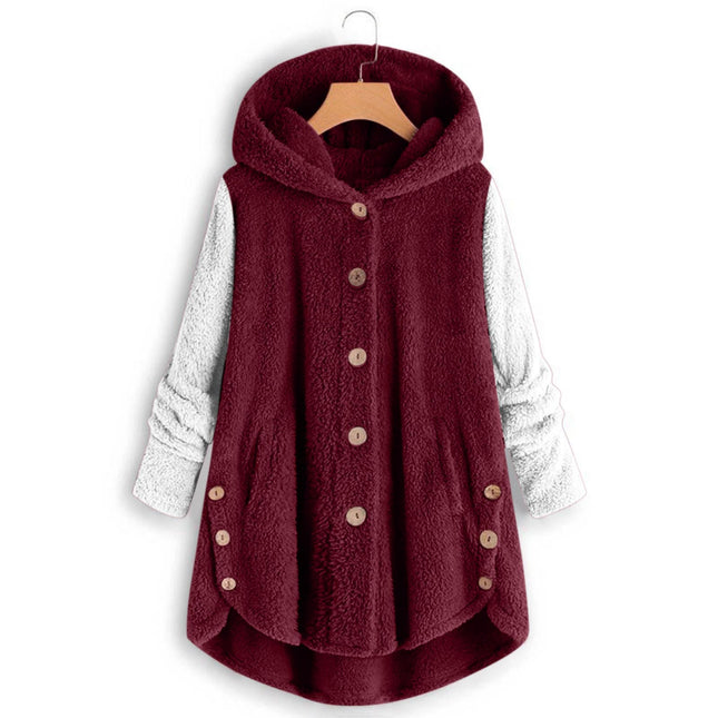 Amazon 2025 Autumn/Winter European and American Style Button-Up Hooded Cat Ear Plush Top Irregular Trendy Patchwork Jacket for Women