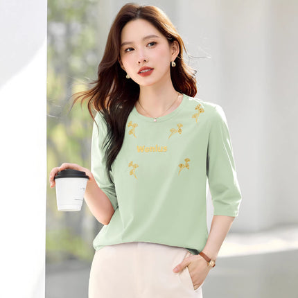 Summer T-Shirt for Petite Women, Korean Style, Loose Fit, Versatile, Casual, Stylish, Fashionable, Round Neck, Elegant Women's T-Shirt, Wholesale