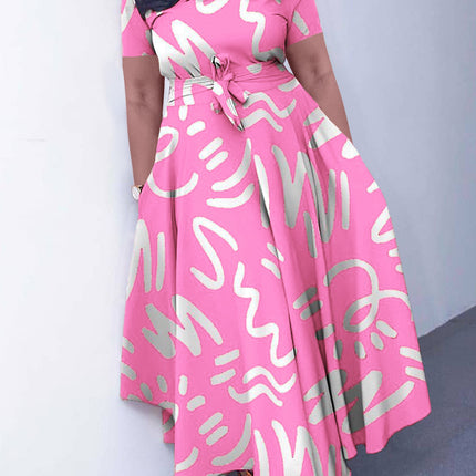 Q125 summer new fashion cross-border Amazon temperament women's lace-up printing foreign trade plus size European and American dress