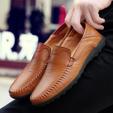 Doug Shoes Men's Genuine Leather Casual Shoes Summer Breathable Soft Bottom Driving Cowhide Slip-on Lazy Shoes for Business All-Match