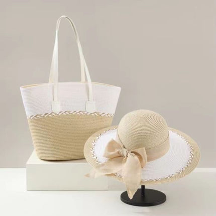 New Color-matching Straw Woven Bag Straw Hat suit Large Capacity Shoulder Bag Woven Bag High-end Seaside Beach Tote Bag