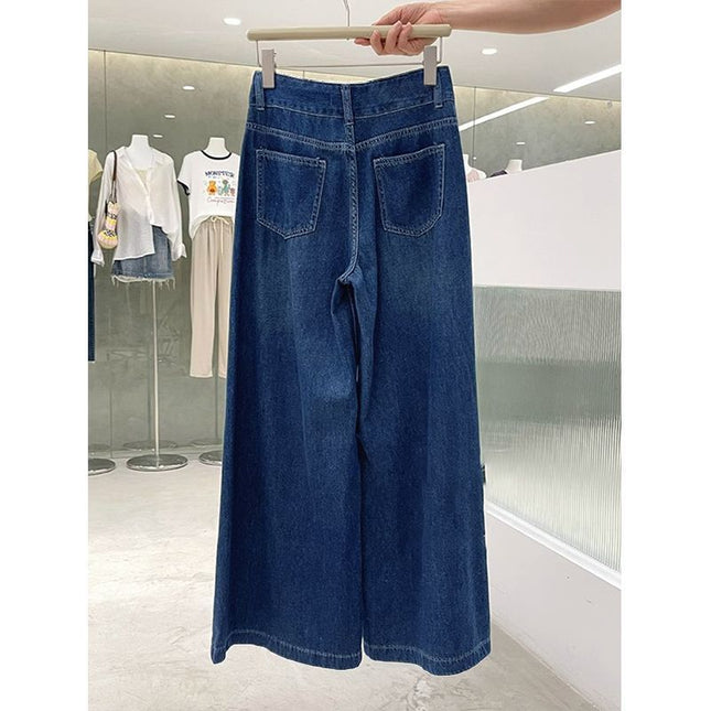 Stretch High-Waisted Retro Blue Loose Versatile Jeans Floor-Length Women's Petite 2025 Wide-Leg Pants Slimming