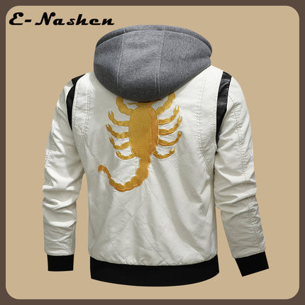 European and American Men's Leather Jacket New Style Stand Collar Removable Hooded Motorcycle Leather Jacket Fashionable Black and White Color Matching Large Size Men's Clothing