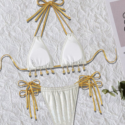 Cross-border Amazon Split Bronzing Swimsuit Neck Strap Shell Jewelry Pendant Women's Bikini Sexy Beach Suit
