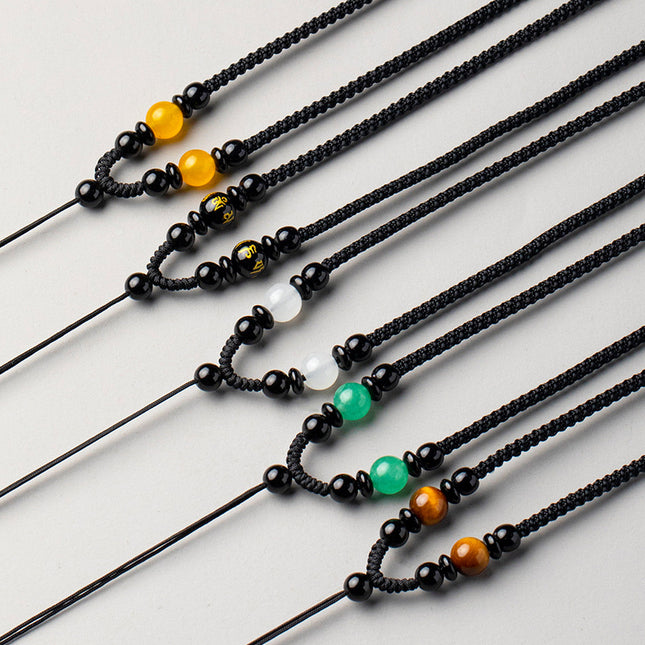 Artisan Obsidian Agate Emerald Pendant Rope Hand-woven Necklace Rope Men's and Women's Pendant Neck Pendant with Rope