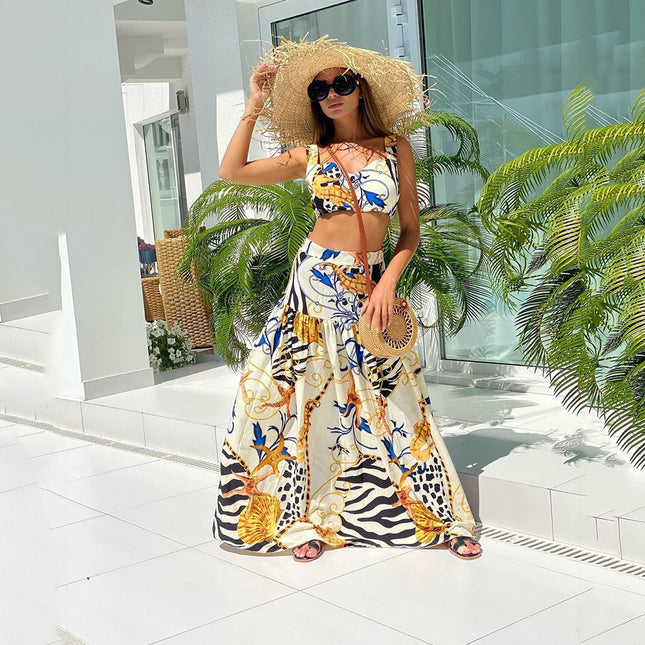 2025 Cross-Border Spring and Summer New European and American Women's Clothing Sexy Elegant Suspender Printed Dress Suit Beach Skirt Two-Piece