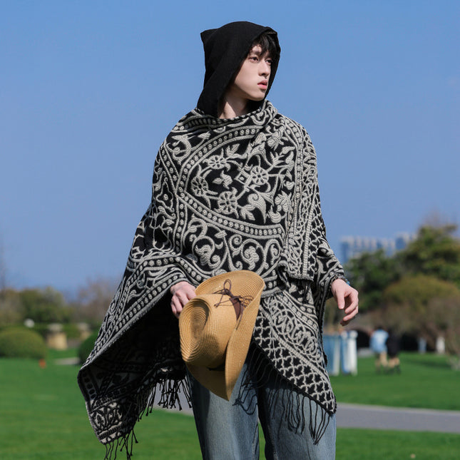 New Cross-Border Retro Cloud Totem Jacquard Ethnic Style Shawl Cloak Sichuan-Xizang Xinjiang Travel Photo Slit Scarf