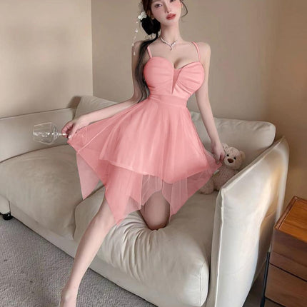 Sexy 9199 Mesh Stitching Sling dress Night Shop Foot Bath Technician Work Clothes Backless Big Swing A- line Skirt