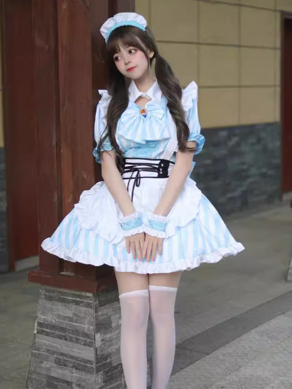Cross-Border New Product Japanese Style Autumn Leaf Sweet Stripesd Maid Outfit Cosplay Lolita Plus Size Maid