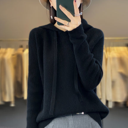 First-line clothing pure wool 2025 spring new women's short solid color hoodie pullover base sweater sweater