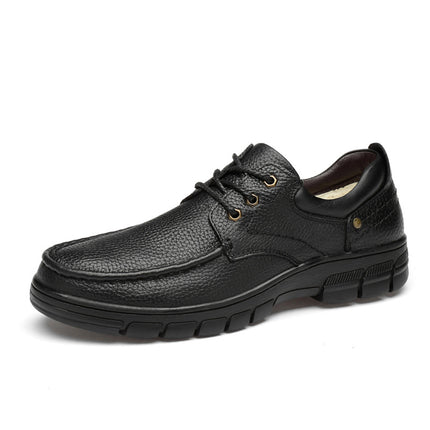 2025 First-Layer Cowhide Men's Business Leather Shoes, Thick-Soled, Cross-Border, Large Size, Fashionable, Versatile, Fleece-Lined Cotton Shoes, Dad's Leather Shoes