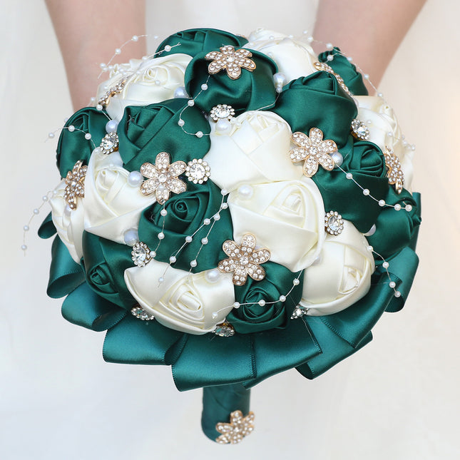 Amazon Supply Dark Green Bride Bridesmaid Simulated Satin Rose Bouquet Church Wedding Supplies Wholesale