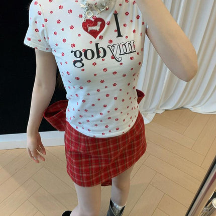 Original Fabric Summer American Retro Heart Dog Paw Printed Short T-Shirt for Sexys Slimming Look Top