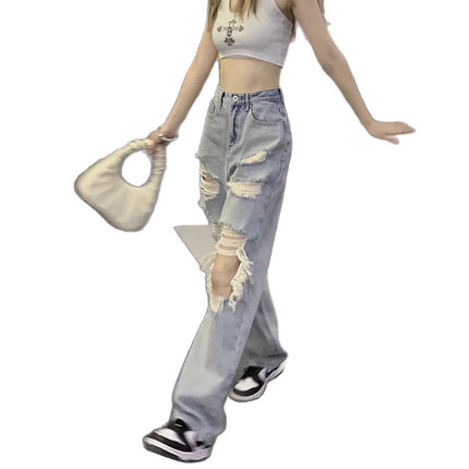 American Retro Washed Light Blue Ripped Jeans for Women Summer Casual Loose Slimming Straight Wide-Leg Floor-Length Pants
