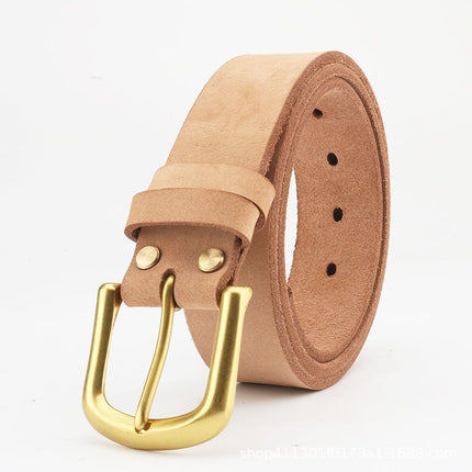 Men's Leather Belt with Pin Buckle, Natural Color, 100% Genuine Leather, First-Grade Cowhide, Without Buckle Head