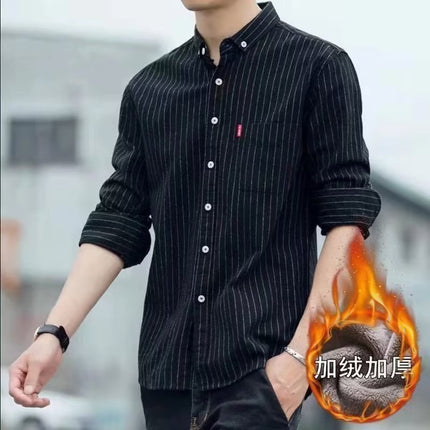 Shirt Men's Long-sleeved fleece-lined Thickened Korean Style Slim-fit Striped Scrub Men's Shirt Autumn Casual Trendy Coat