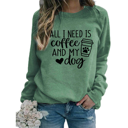 Foreign trade supply all I need is coffee printed crew neck top sweater European size ladies coat long sleeve