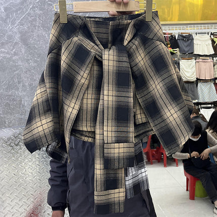 Design Irregular Fake Two-Piece Plaid Skirt Women's 2025 Spring Hong Kong Style Retro Skirt