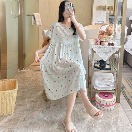 Cotton Silk Nightgown for Women, Summer Thin Short-Sleeved Printed Large Size Nightgown, Pregnant Women Can Wear It Outside, Cool Rayon Home Clothes