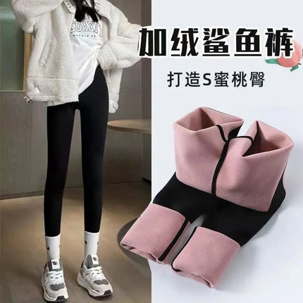 fleece-lined Shark Pants Women's High Waist Leggings 2024 Autumn and Winter Thickened Warm Belly Slimming Yoga Barbie Pants