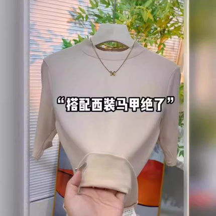 Solid Color Half Turtleneck Elastic Inner Quarter-Sleeved Bottoming Shirt Top for Women Spring New Versatile Slimming Look Elegant T-Shirt