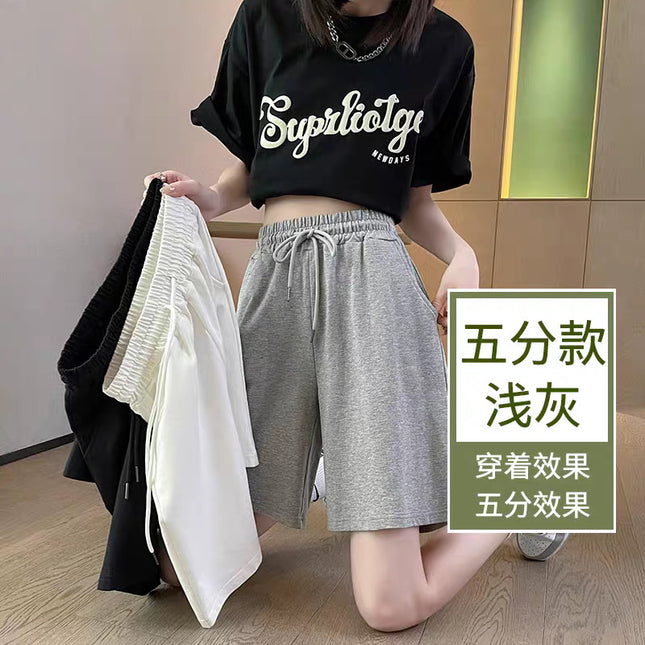 Sports Shorts Women's Summer Loose Straight Hong Kong Flavor Slimming Casual Ins Trendy Wide-Leg Medium Pants Grey 5-Pants