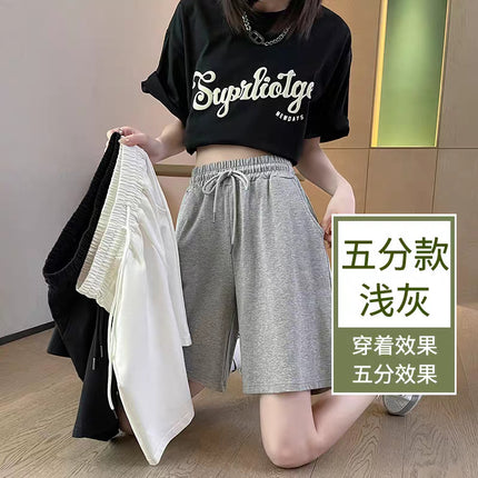 Sports Shorts Women's Summer Loose Straight Hong Kong Flavor Slimming Casual Ins Trendy Wide-Leg Medium Pants Grey 5-Pants