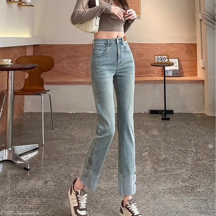 light blue Narrow Smoke Tube Jeans Women's Fashionable All-match High Waist Meat Covering Slimming Flap Cropped Straight Pants