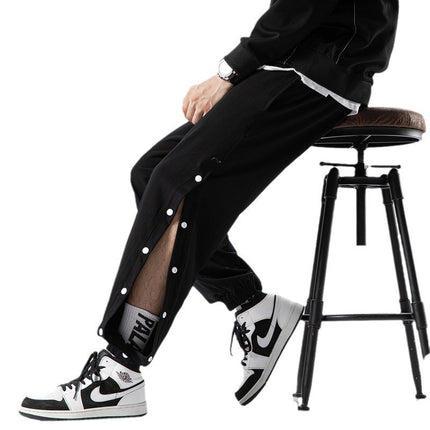 Buckle-breasted sports pants men's full-open button button loose toe autumn and winter fleece-lined pants side-open training basketball long pants