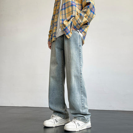 24 Winter New Men's Mop Jeans Solid Color All-match Retro Hong Kong Style Trendy Loose Straight Pants Overalls