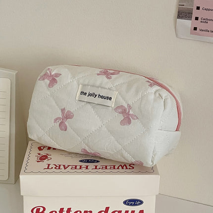 Blue Powder Satin Bow Makeup Bag Wash Bag Student Pink Sweet Portable Large Capacity Quilted Storage Bag