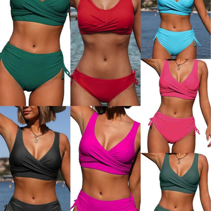 Swimsuit Split Bikini Pure Color Cross Strap Amazon Popular High Waist Swimsuit European and American Export Sexy Biki